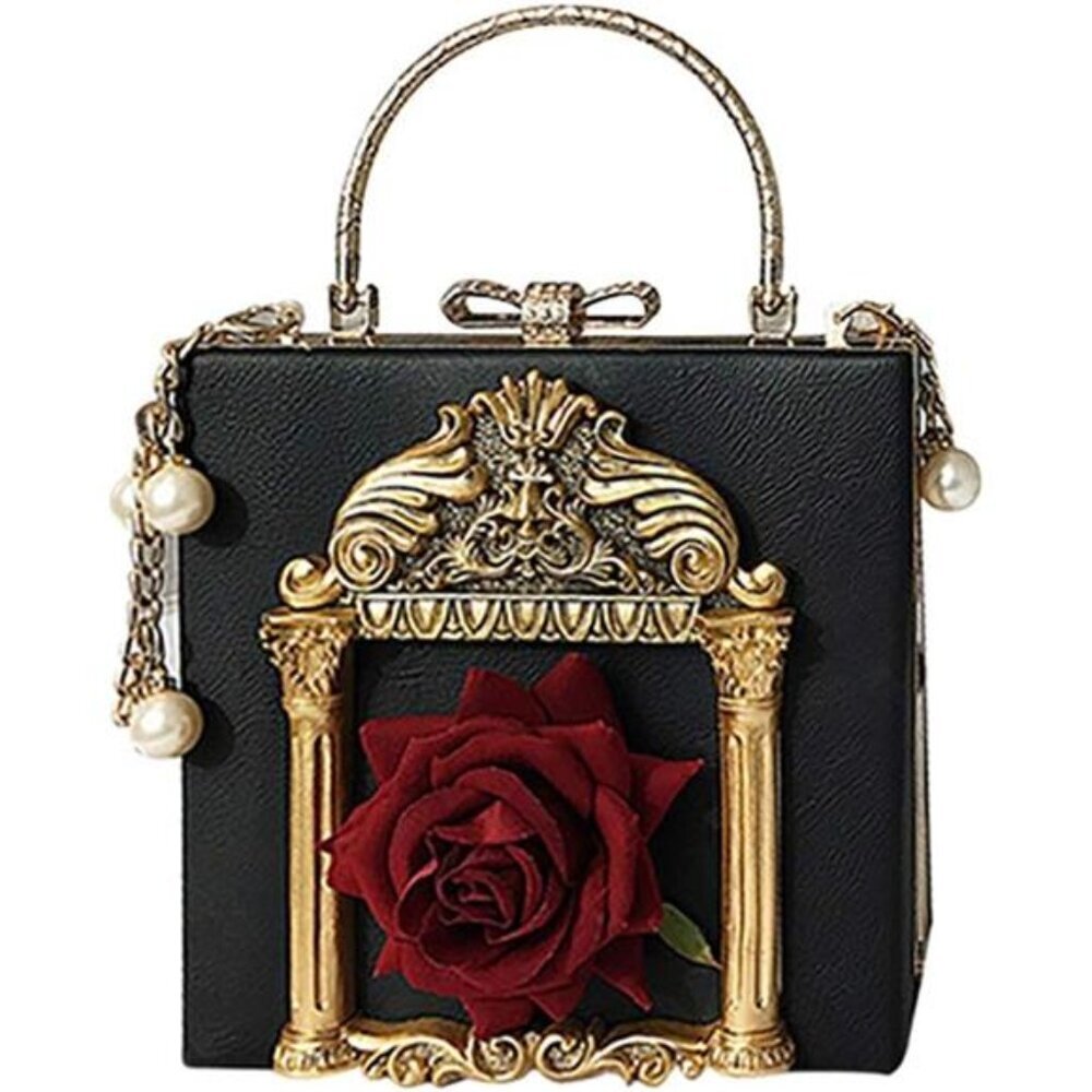 Black Gold Floral Clutch Purse Crossbody Evening Bag for Wedding Prom Party